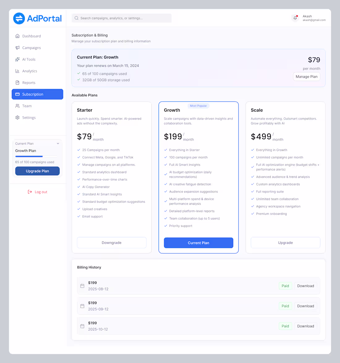 Cover image for AdPortal – Subscription & Billing Dashboard UI Design