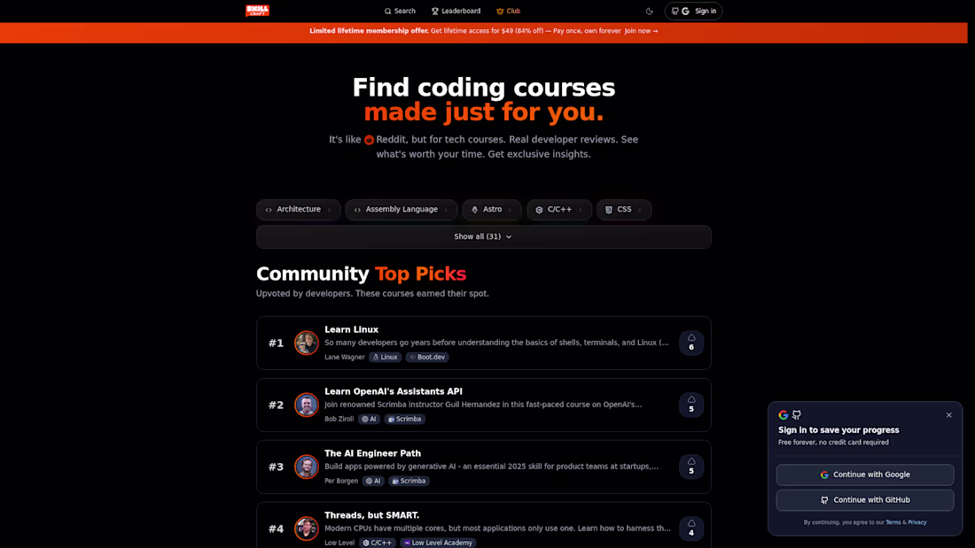 Cover image for It's like Reddit, but for tech courses. Search smarter (http...