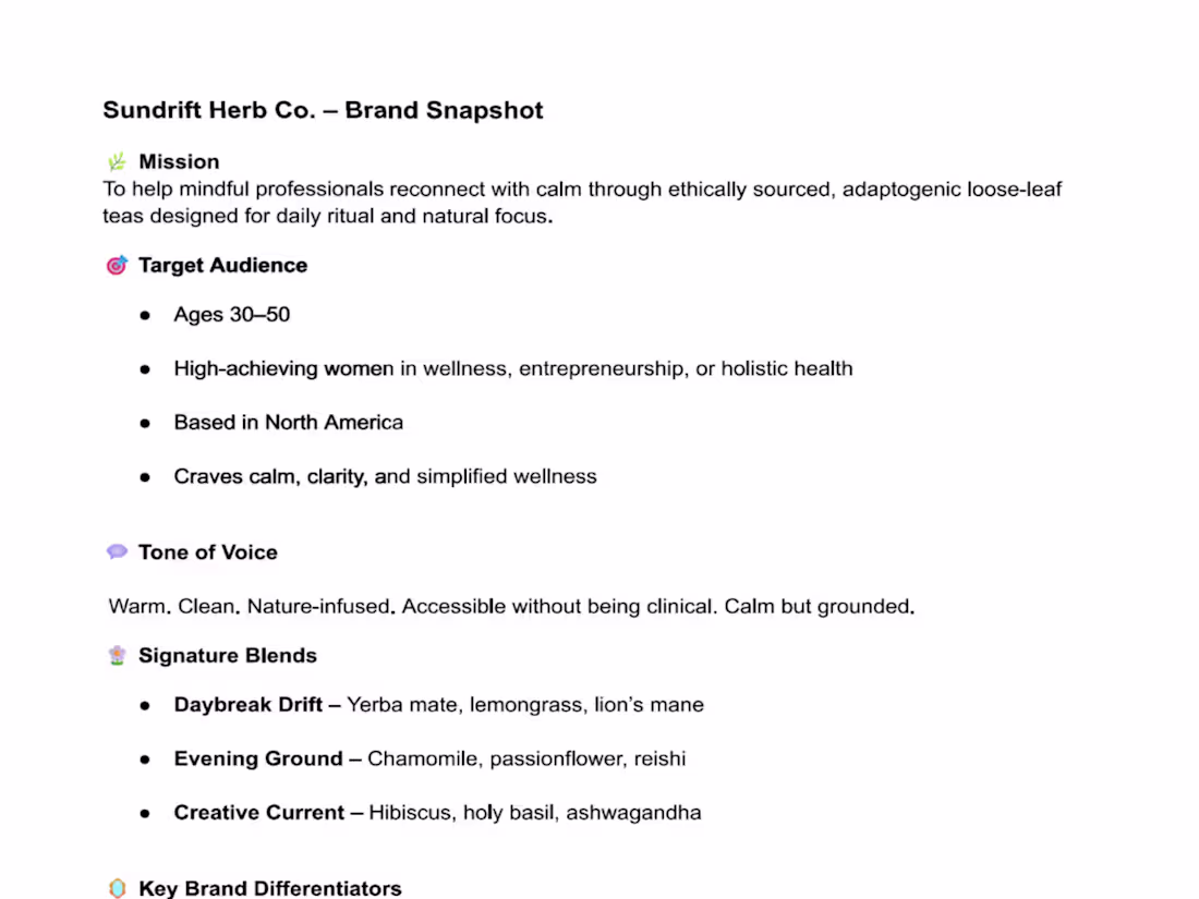 Cover image for One-Page Brand Snapshot: Sundrift Herb Co. (Fictitious Client)