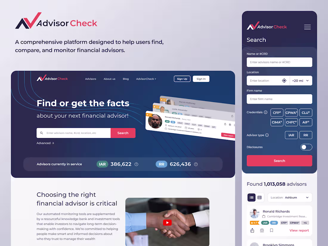 Cover image for AdvisorCheck - User-Centric Financial Advisors Platform
