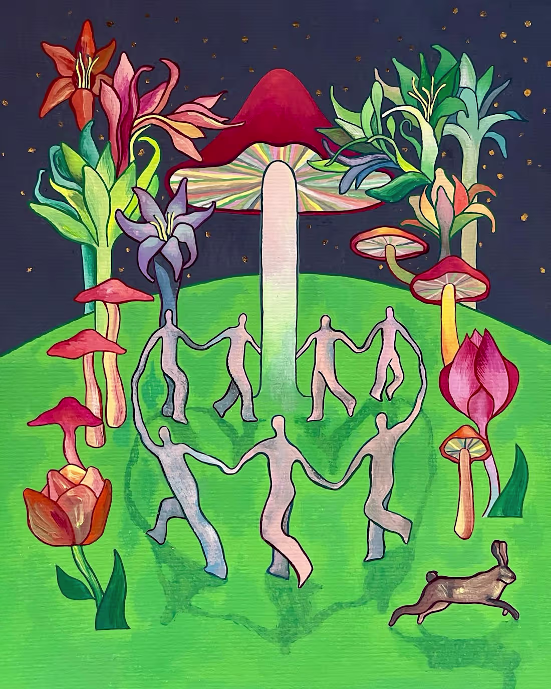Cover image for "Shroomland" gouache + gold leaf