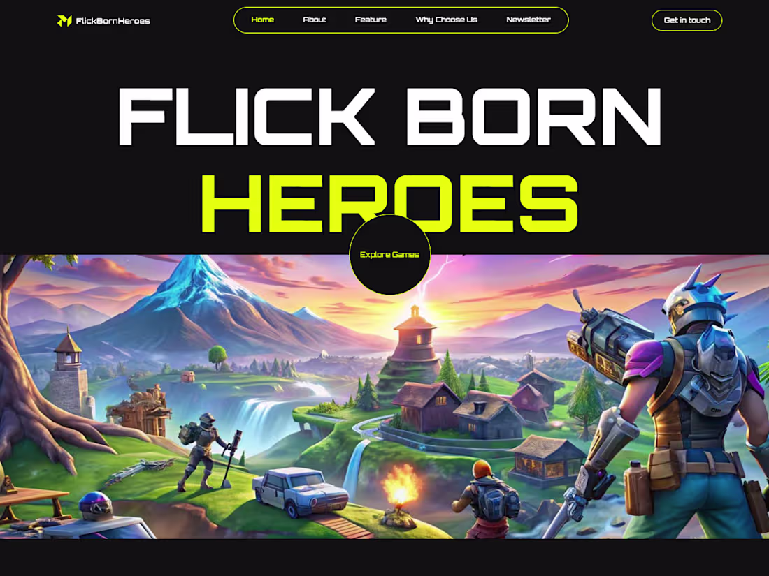 Cover image for Flick Born Heroes is a gaming-themed landing page built in W...