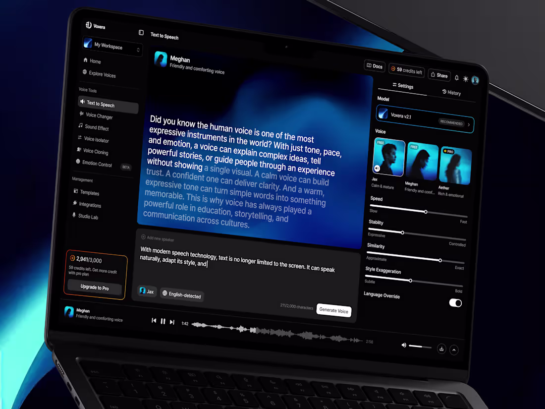Cover image for Voxera AI Text-to-Speech Dashboard Design