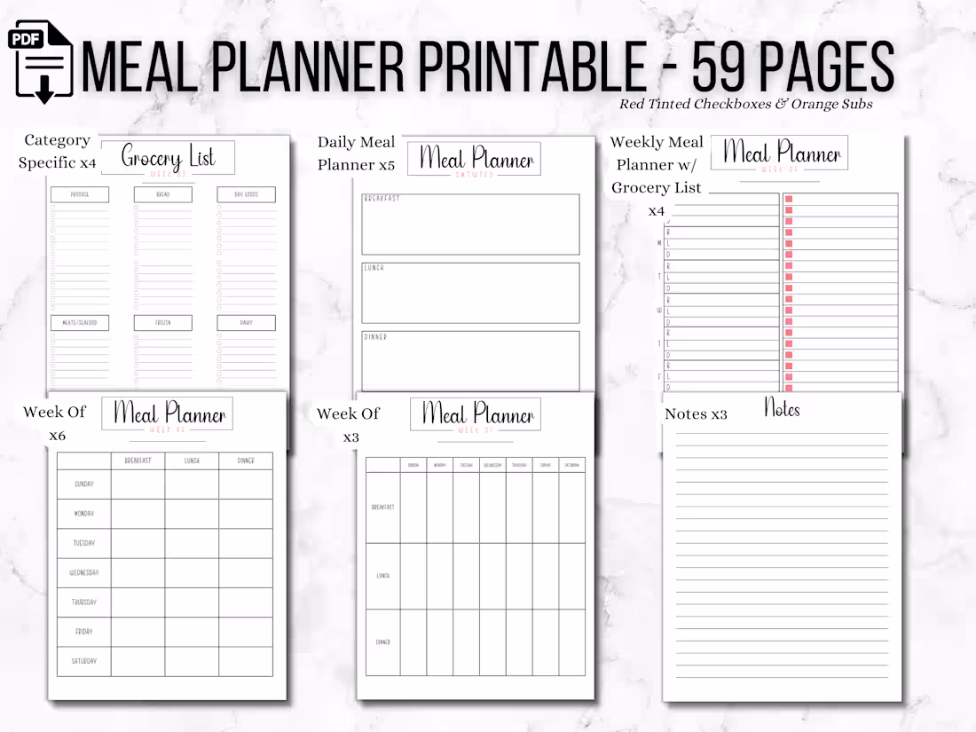Cover image for Meal Planner Printable - 59 Pages!