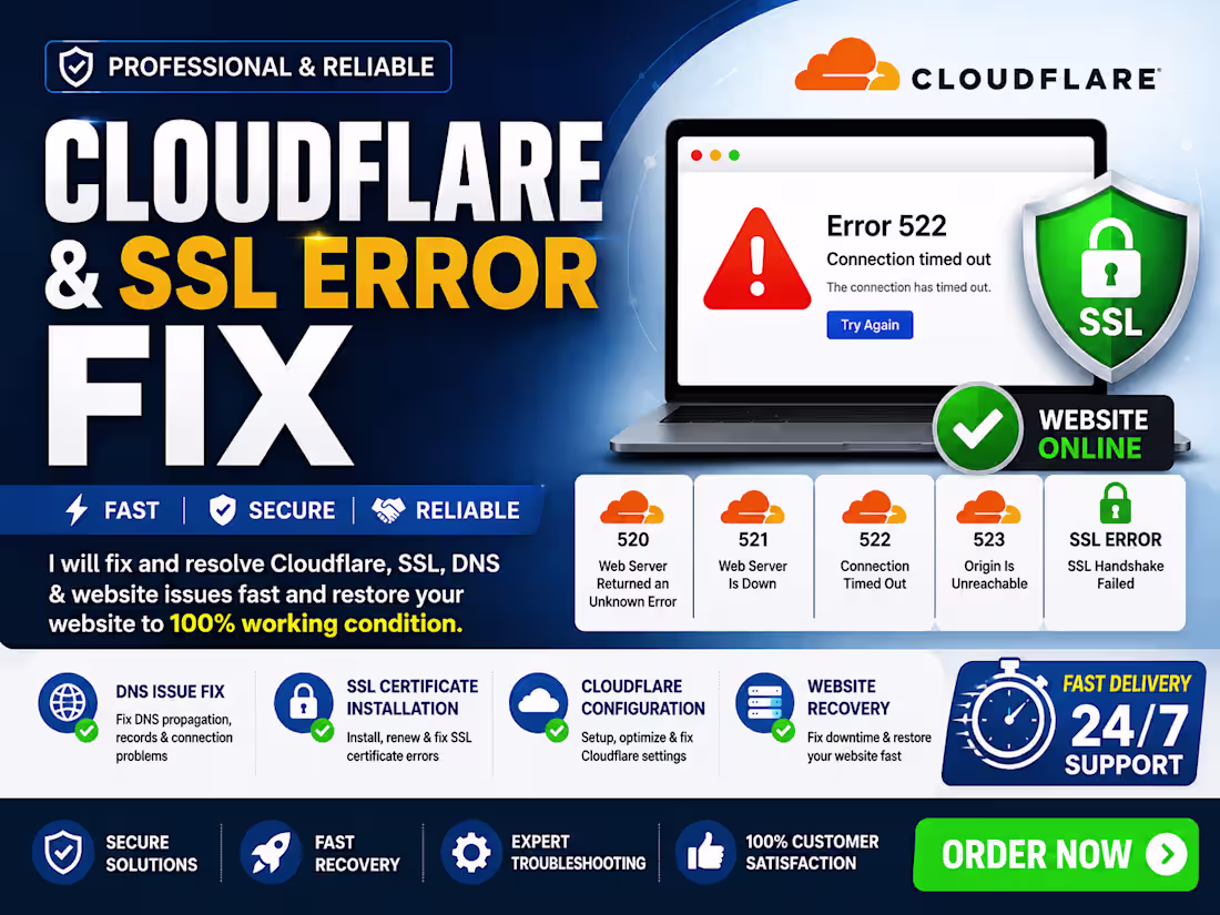 Cover image for fix cloudflare errors, SSL issues website downtime fast