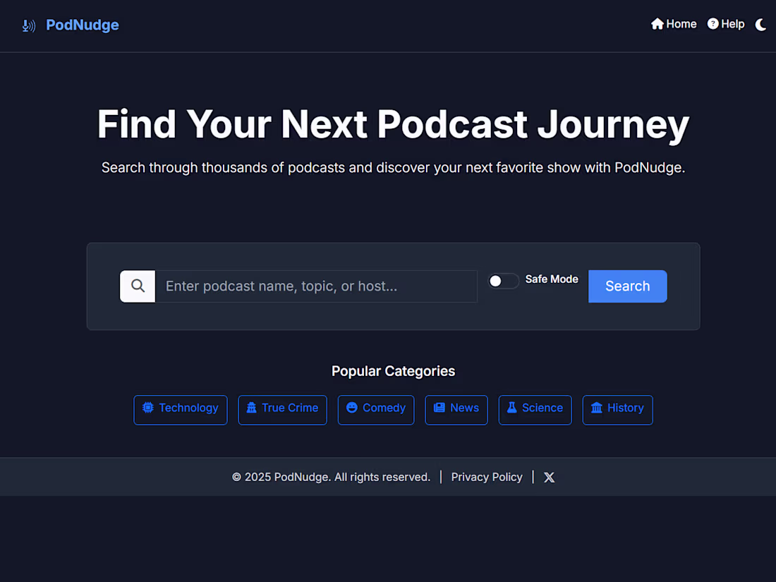 Cover image for PodNudge - Find Your Next Podcast Journey