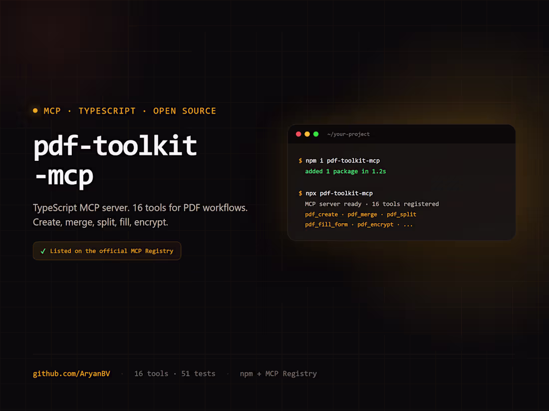 Cover image for Shipped pdf-toolkit-mcp. 16 tools that