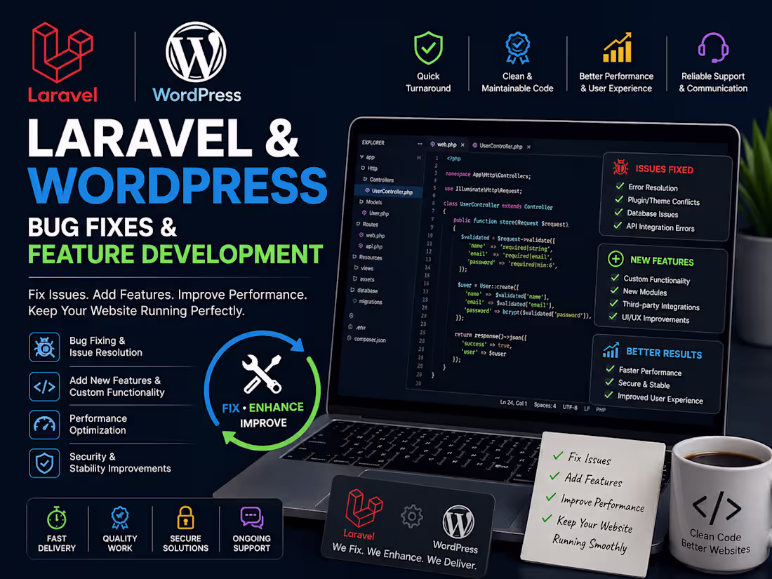 Cover image for Laravel & WordPress Bug Fixes and Feature Development