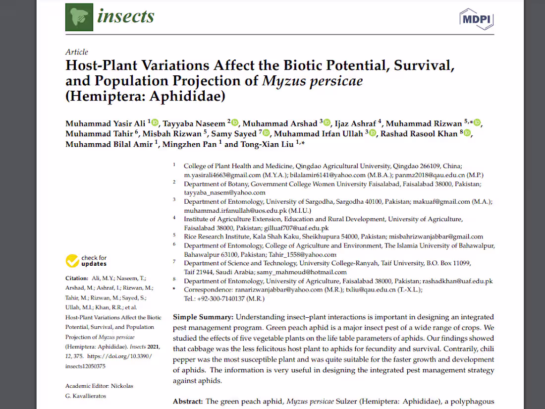 Cover image for Article published in Insects