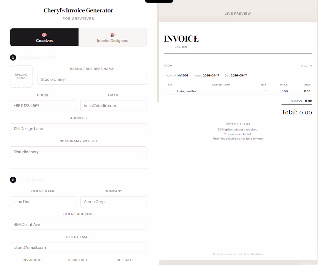 Cover image for Customizable Invoice Generator for Creatives & Designers