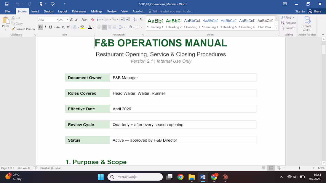 Cover image for F&B Operations Manual — restaurant