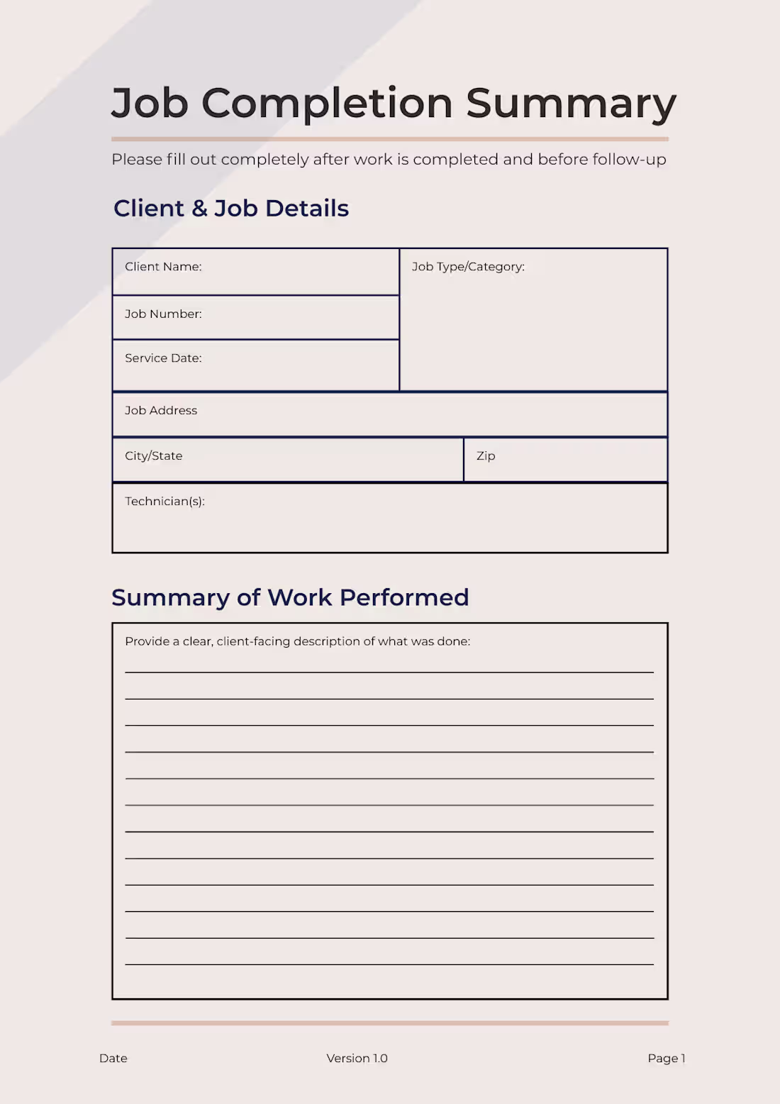 Cover image for Job Completion Summary Worksheet (Sample)