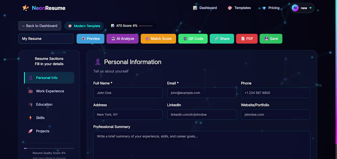 Cover image for NeonResume — AI SaaS Resume
