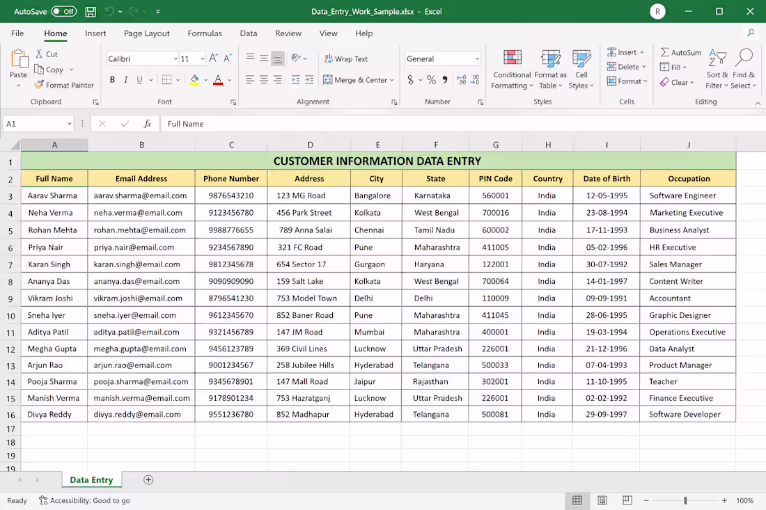 Cover image for Excel Data Entry Entered and organized data in Microsoft Exc...