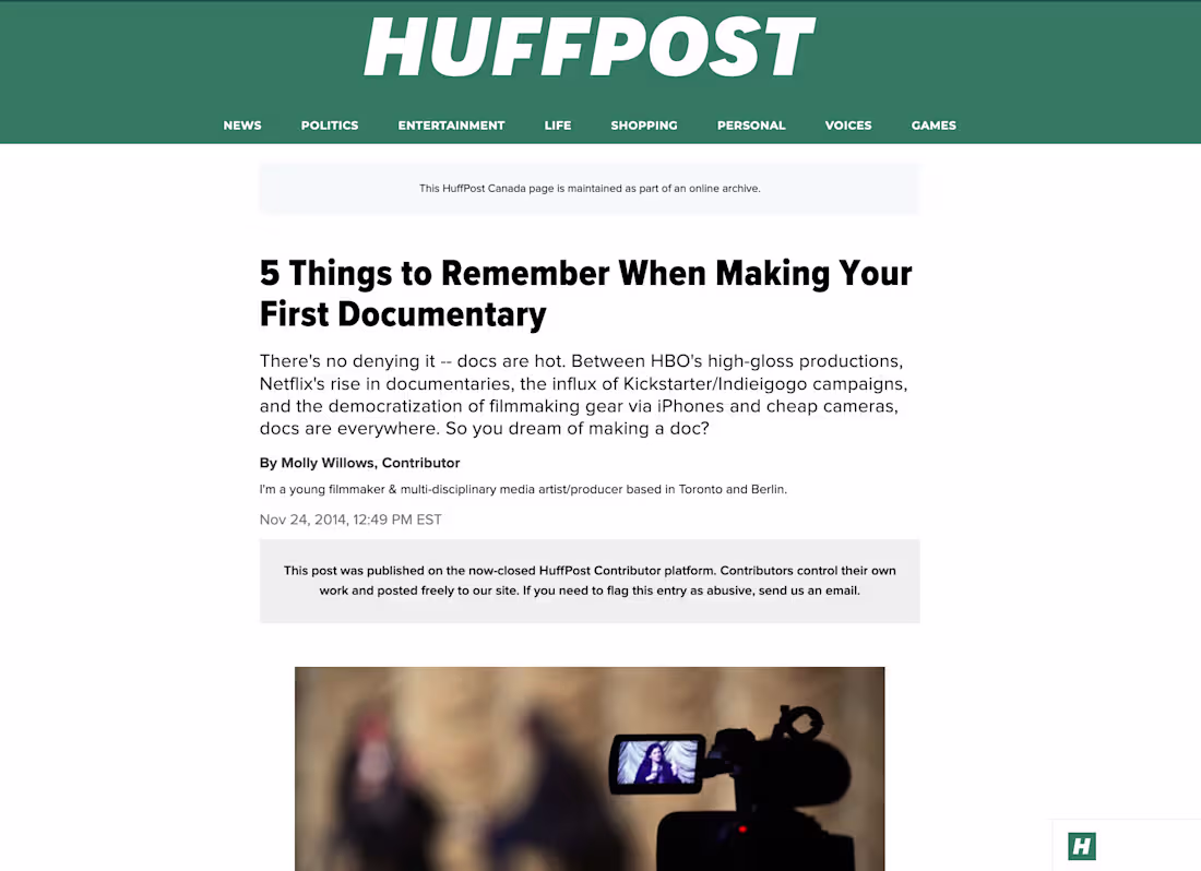 Cover image for Huffington Post Article About Documentary