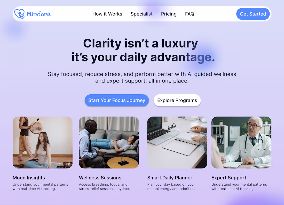 Cover image for AI-Powered Wellness SaaS Landing Page (Mindora)