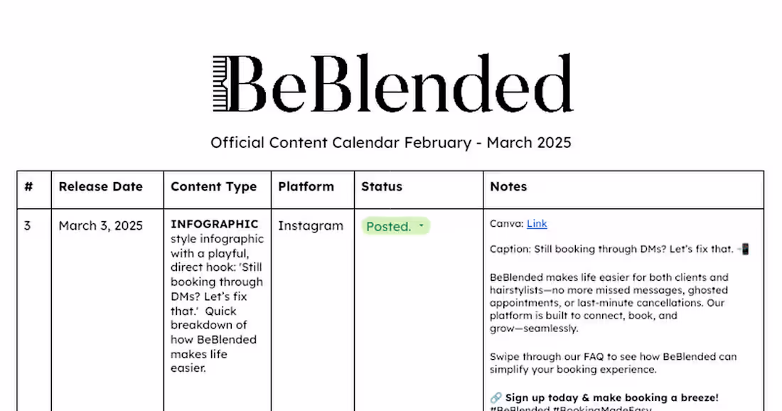 Cover image for BEBLENDED CONTENT CALENDAR SAMPLE.