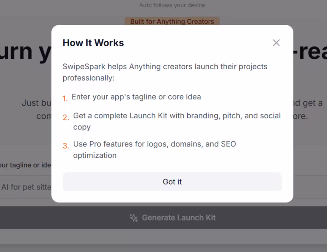 Cover image for I built SwipeSpark for the @anythingai hackathon. A startup-...