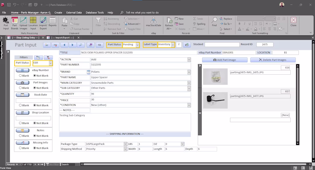 Cover image for MS Access Application - Parts