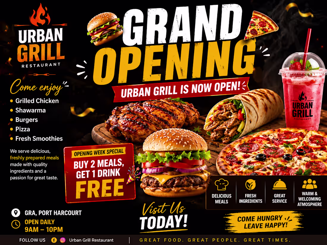 Cover image for Restaurant Grand Opening Promotion
Title:

Urban Grill
