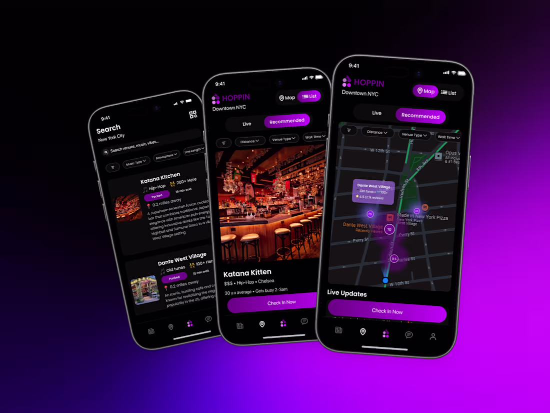 Cover image for Hoppin – Nightlife Companion App (Branding, UI/UX Design)