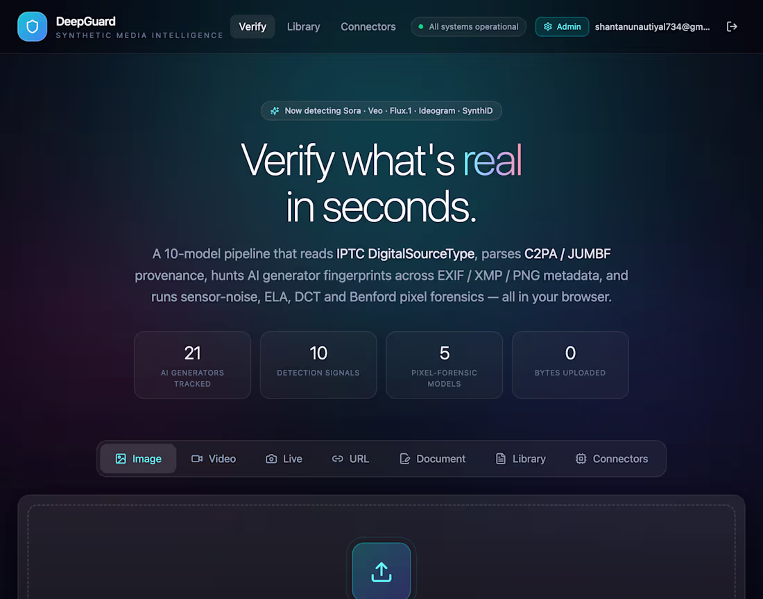 Cover image for DeepGuard
Synthetic Media Intelligence Platform 🔍⚡

Live