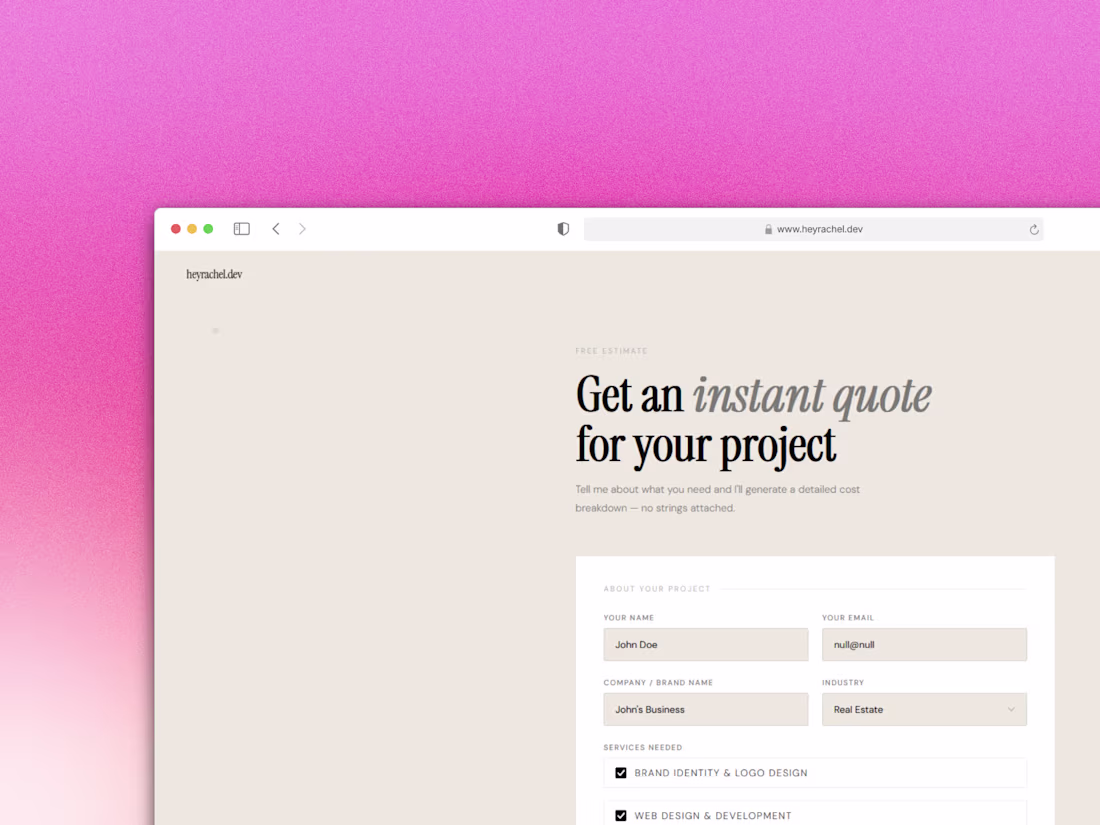 Cover image for heyrachel.dev - AI Quote Generator - Intake Form