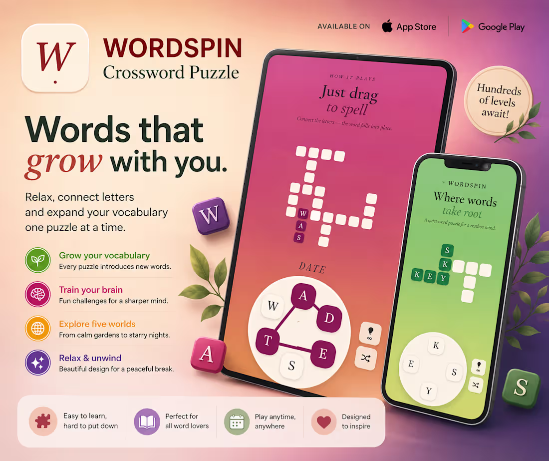 Cover image for WordSpin is a calm crossword