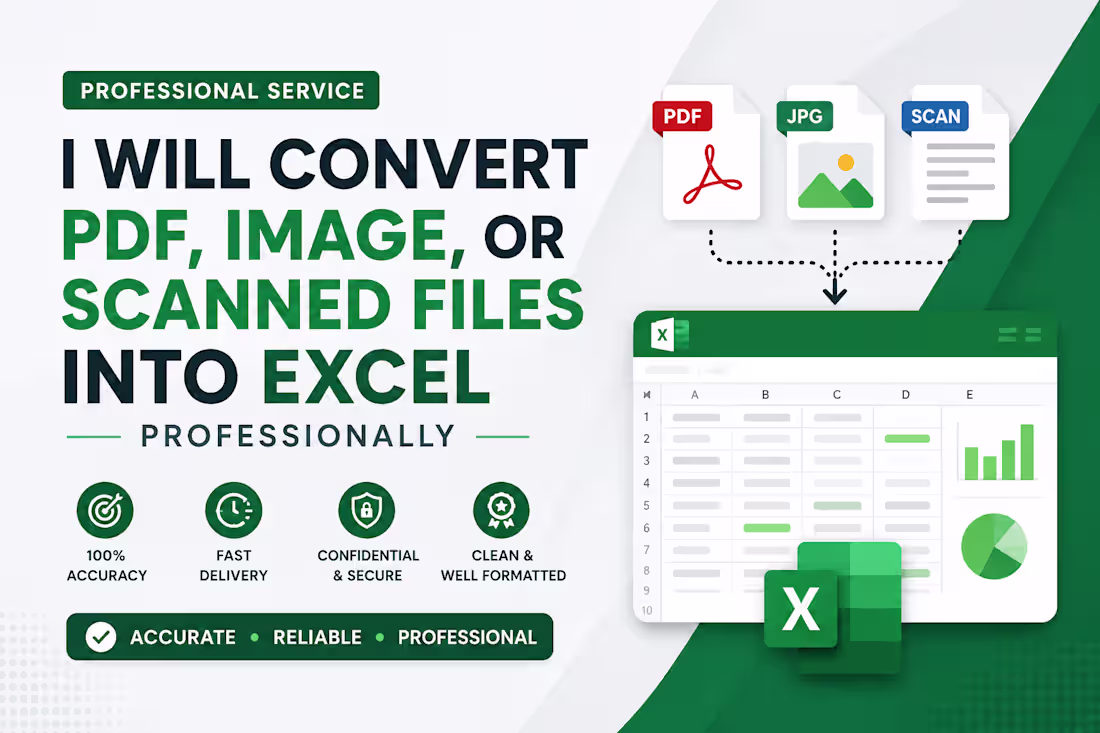 Cover image for I will convert PDF, image, or scanned files into Excel.