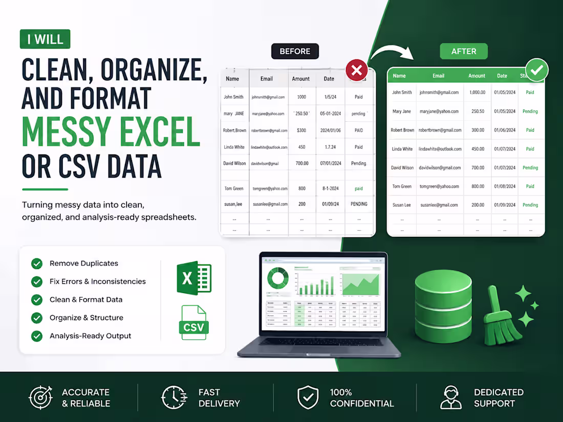 Cover image for I will clean, organize, and format messy Excel or CSV data