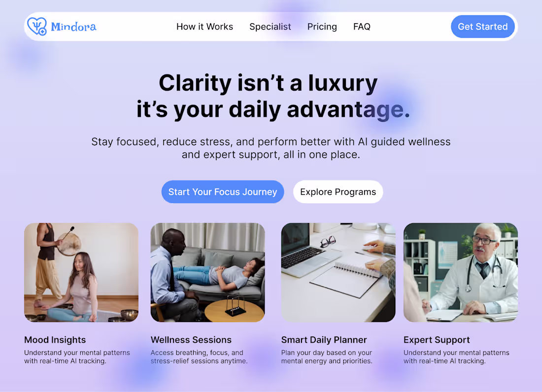 Cover image for Designed an AI-Powered Wellness SaaS Landing Page (Mindora)