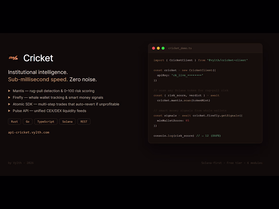 Cover image for Cricket — DeFi Intelligence Suite
High-performance