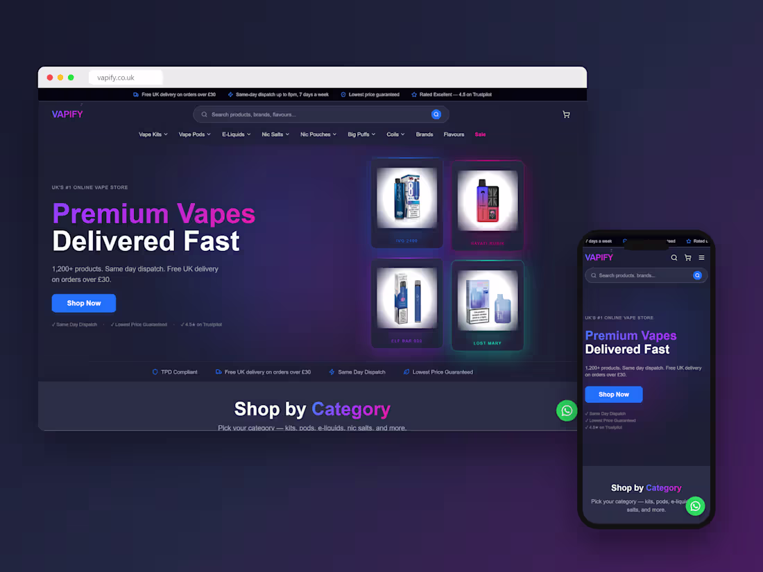 Cover image for Vapify — UK Vape E-Commerce Store, 1200+ Products