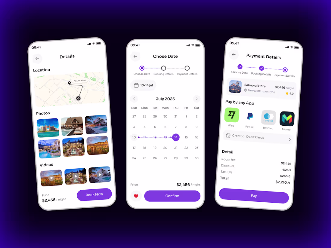 Cover image for Hotel-Details, Chose Date & Payment Details Screen