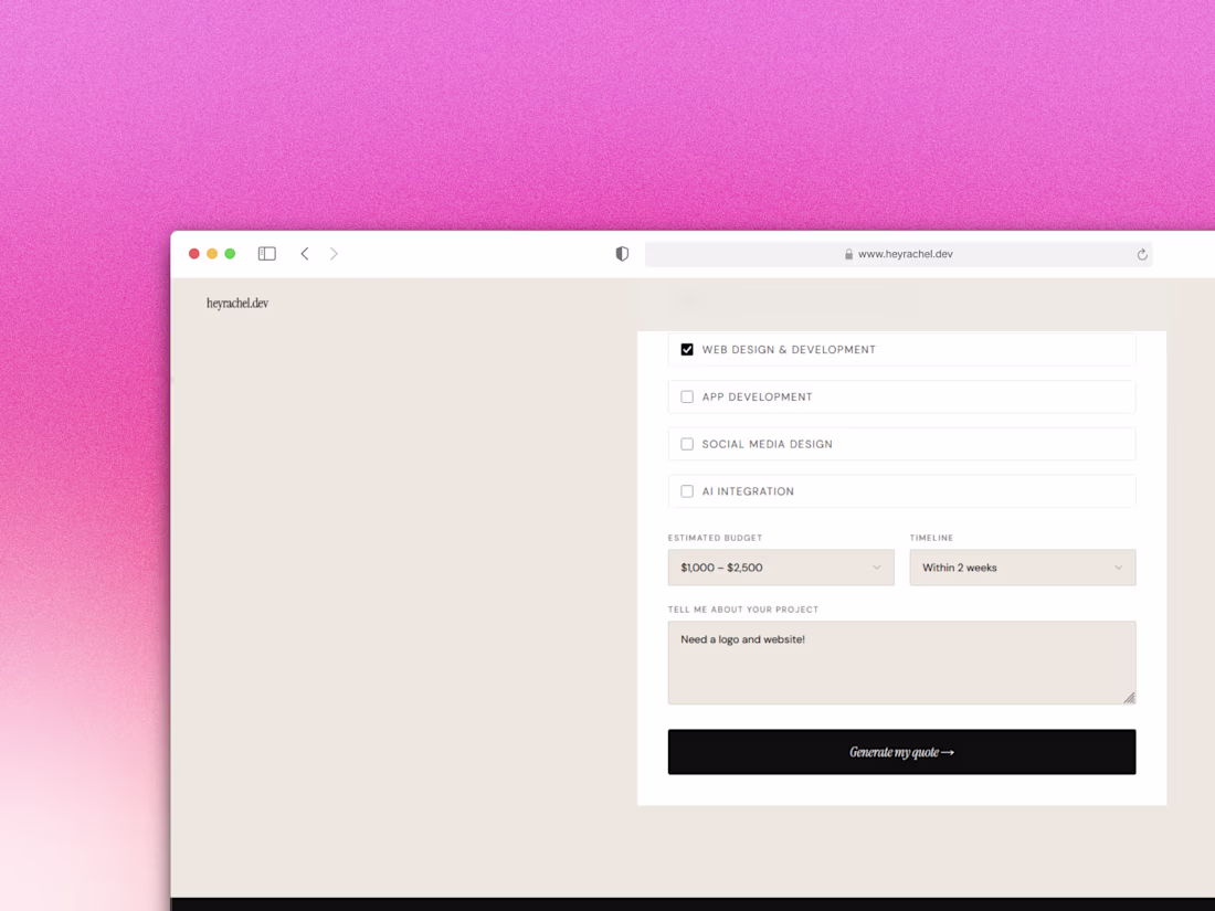 Cover image for heyrachel.dev — AI Quote Generator · Service Selection
