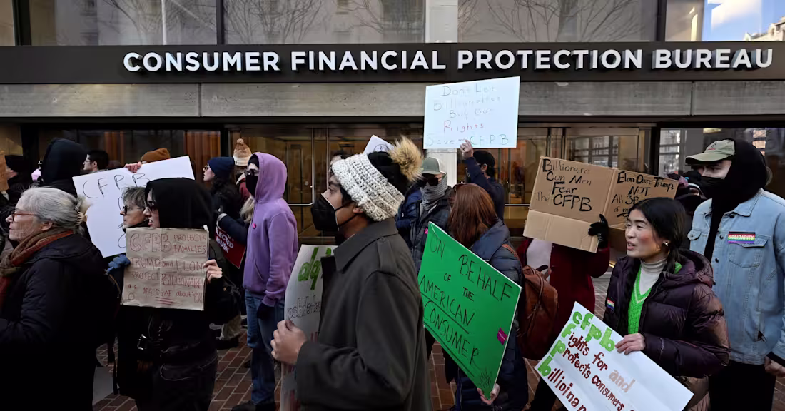 Cover image for Protests erupt after CFPB operations halted by acting director