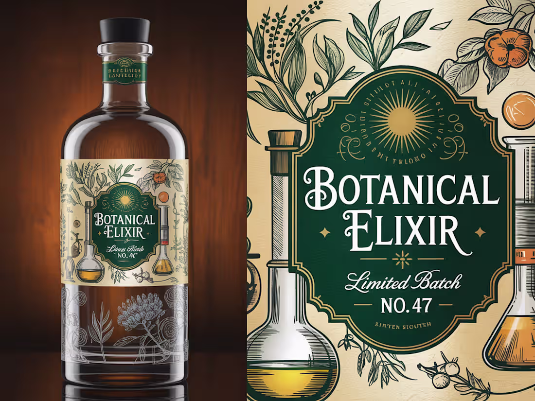 Cover image for Vintage-Modern Distillery label and custom glass bottle for ...