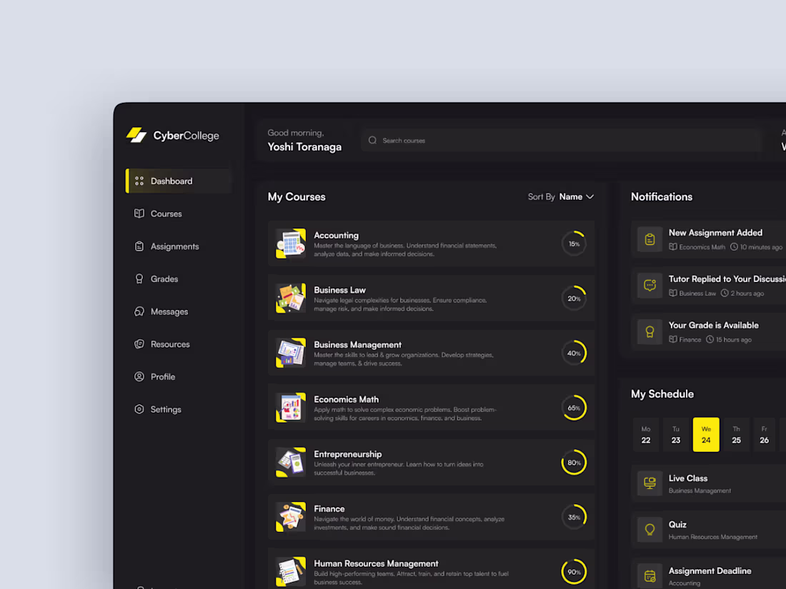 Cover image for CyberCollege - Elearning Platform Dashboard