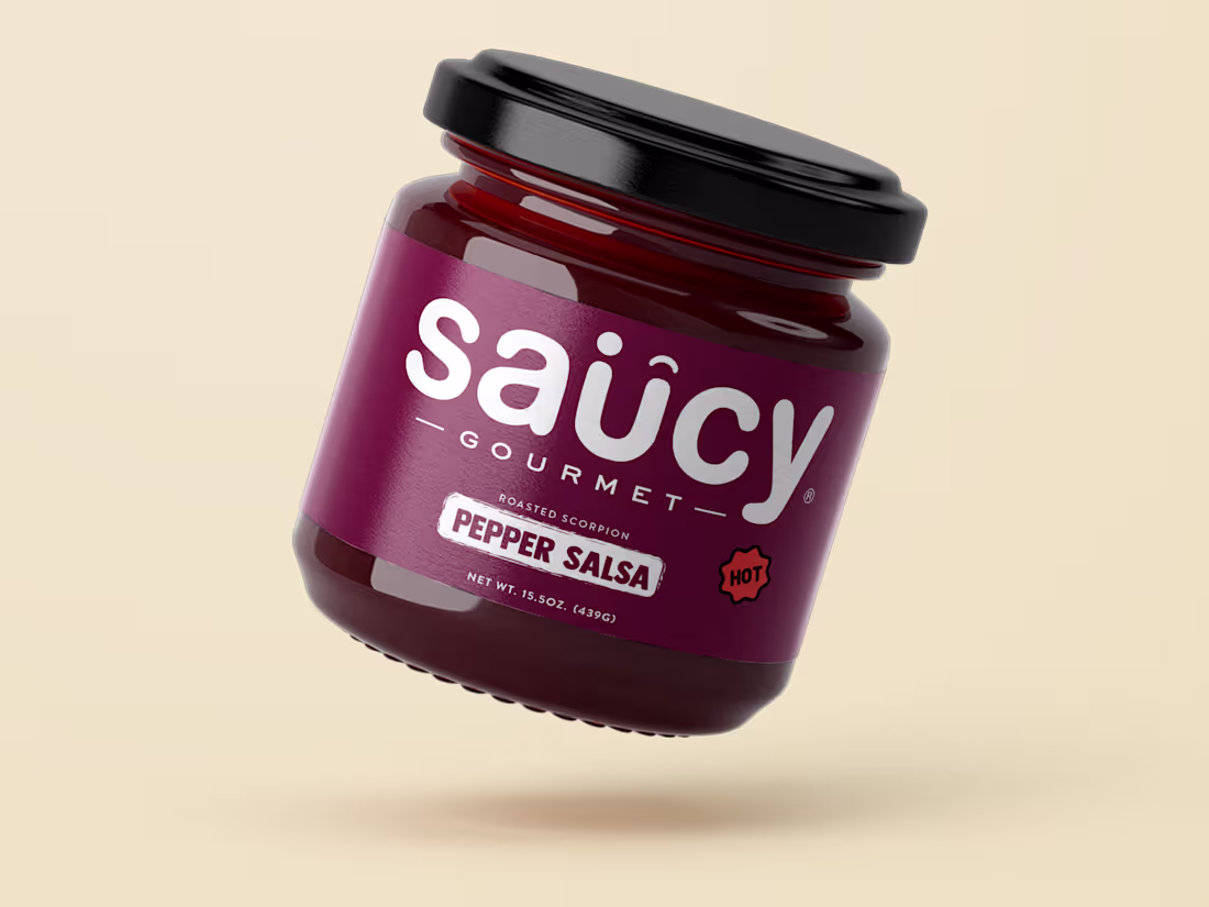 Cover image for Saucy Gourmet Pepper Salsa Packaging A bold and minimal labe...