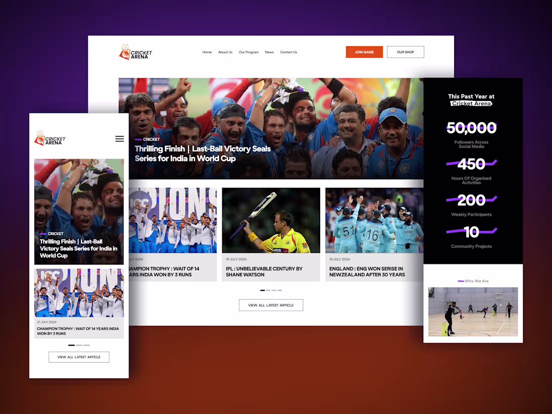 Cover image for Website UI/UX Design - Cricket Arena - Abdullah Fozi