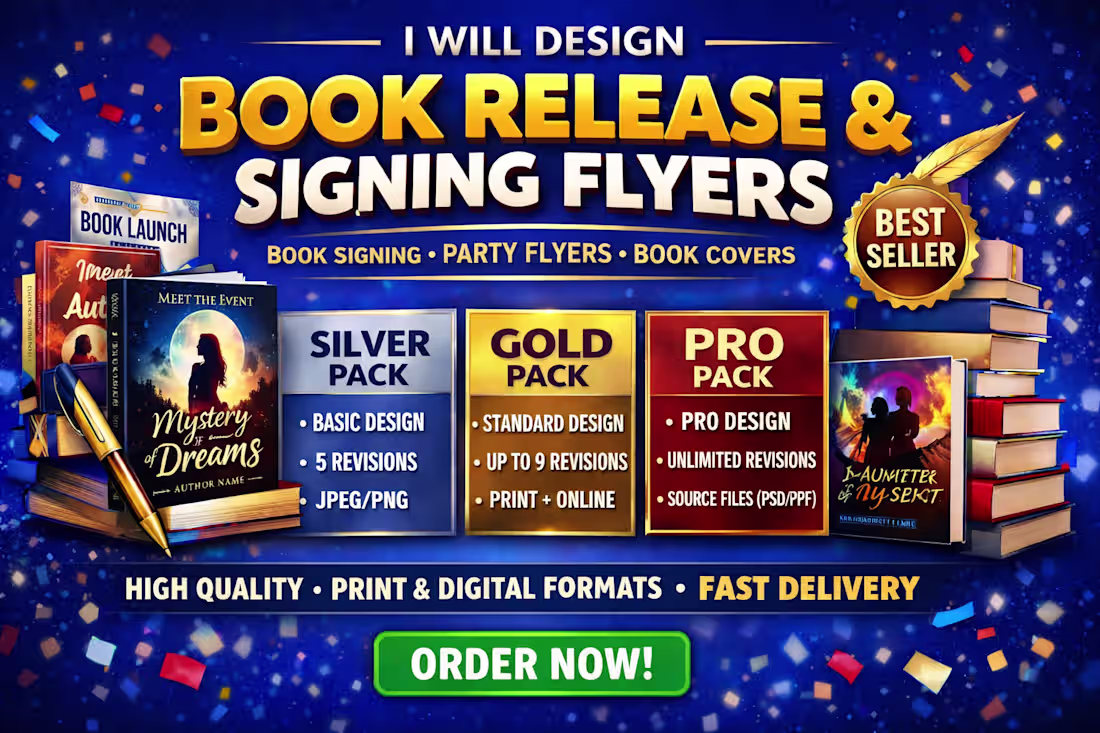 Cover image for Book release flyer, book signing party flyer, book cover design