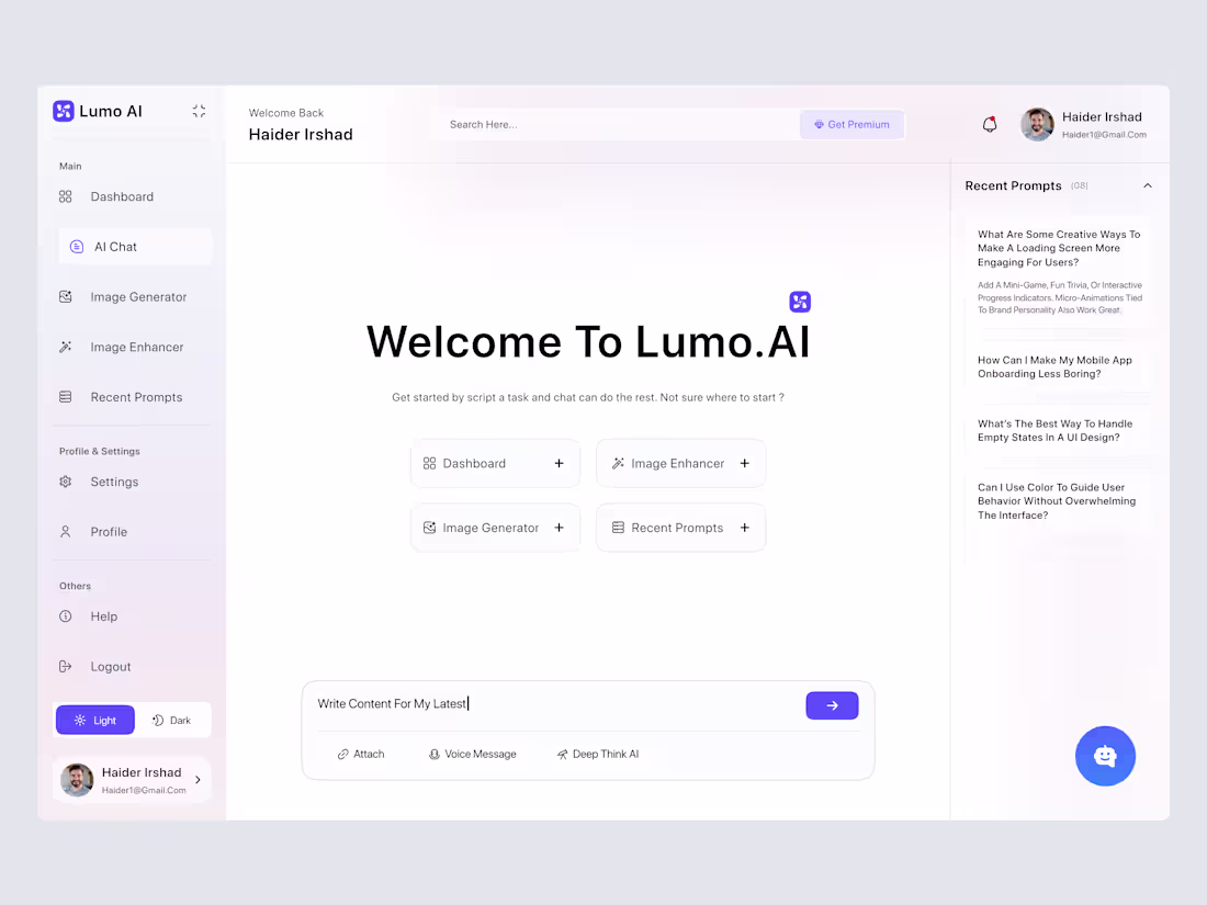 Cover image for Lumo AI — All-in-One Generative AI Assistant Dashboard
