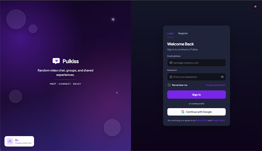 Cover image for Pulkiss
Random video chat, groups, and