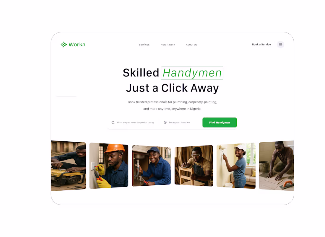 Cover image for Hero section for Worka, a handyman booking platform. Designe...