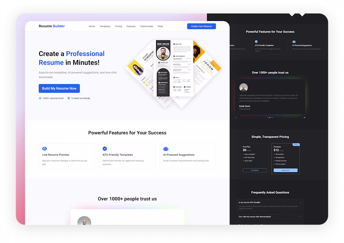 Cover image for Light-Mode & Dark Mode Resume Builder Landing Page