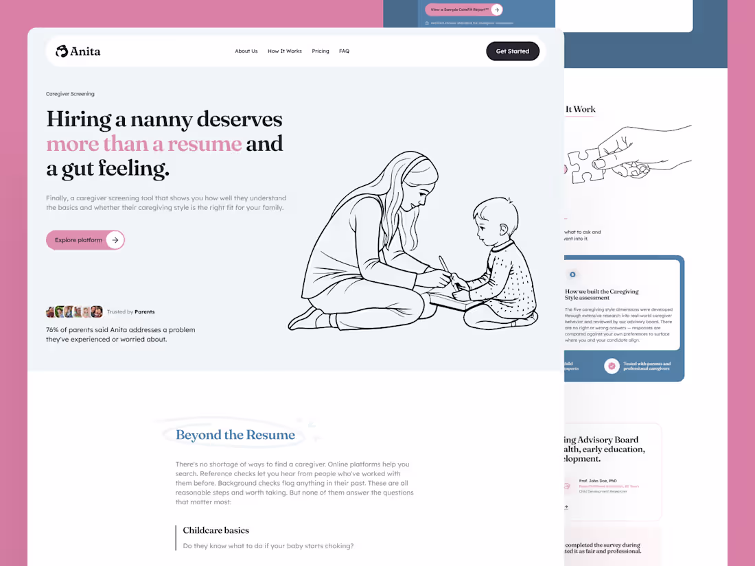 Cover image for Anita: Landing Page UI Design for a Caregiver Screening Platform