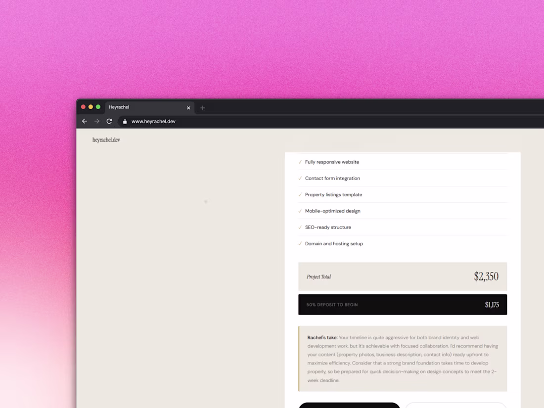 Cover image for  heyrachel.dev — AI Quote Generator · Deliverables View