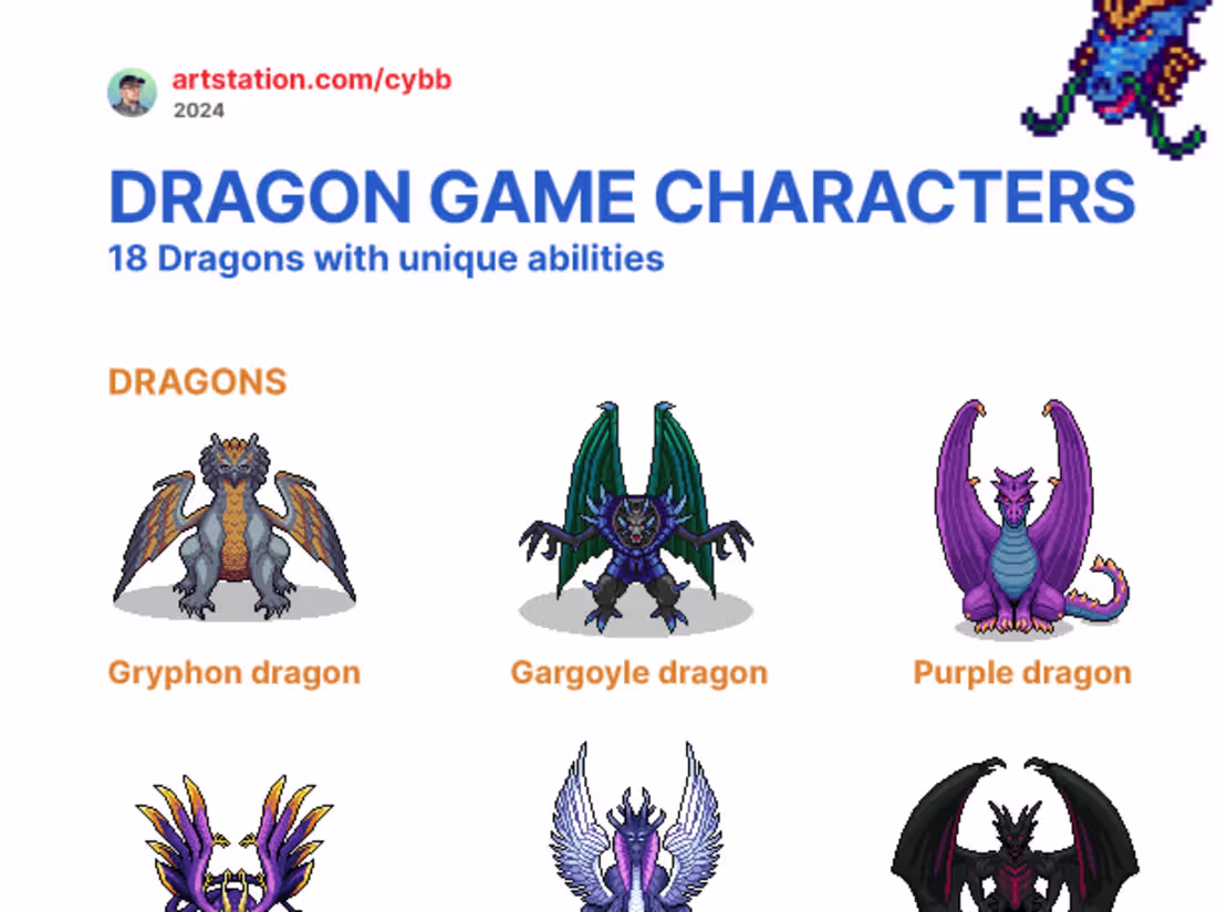 Cover image for Dragon game characters (Pixel art + Character design)