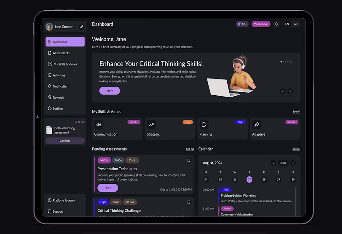 Cover image for Skills Development Dashboard - Dark Mode UI Design