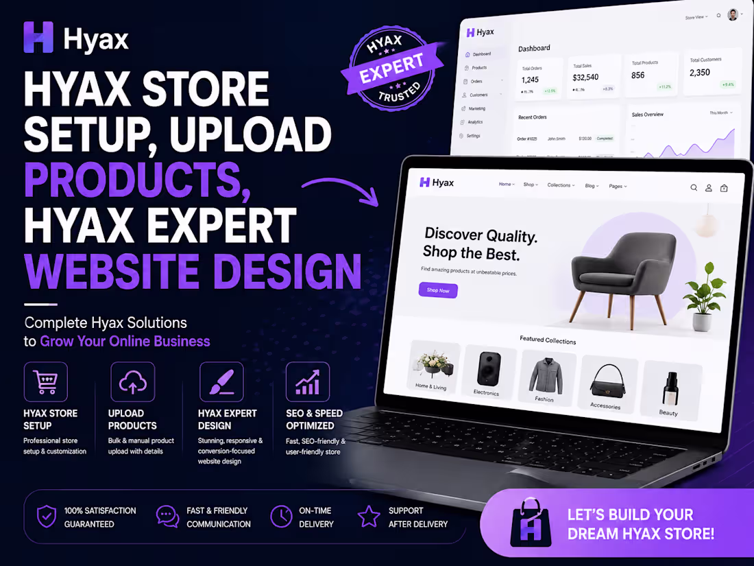 Cover image for Hyax store setup, upload products, Hyax Expert website design